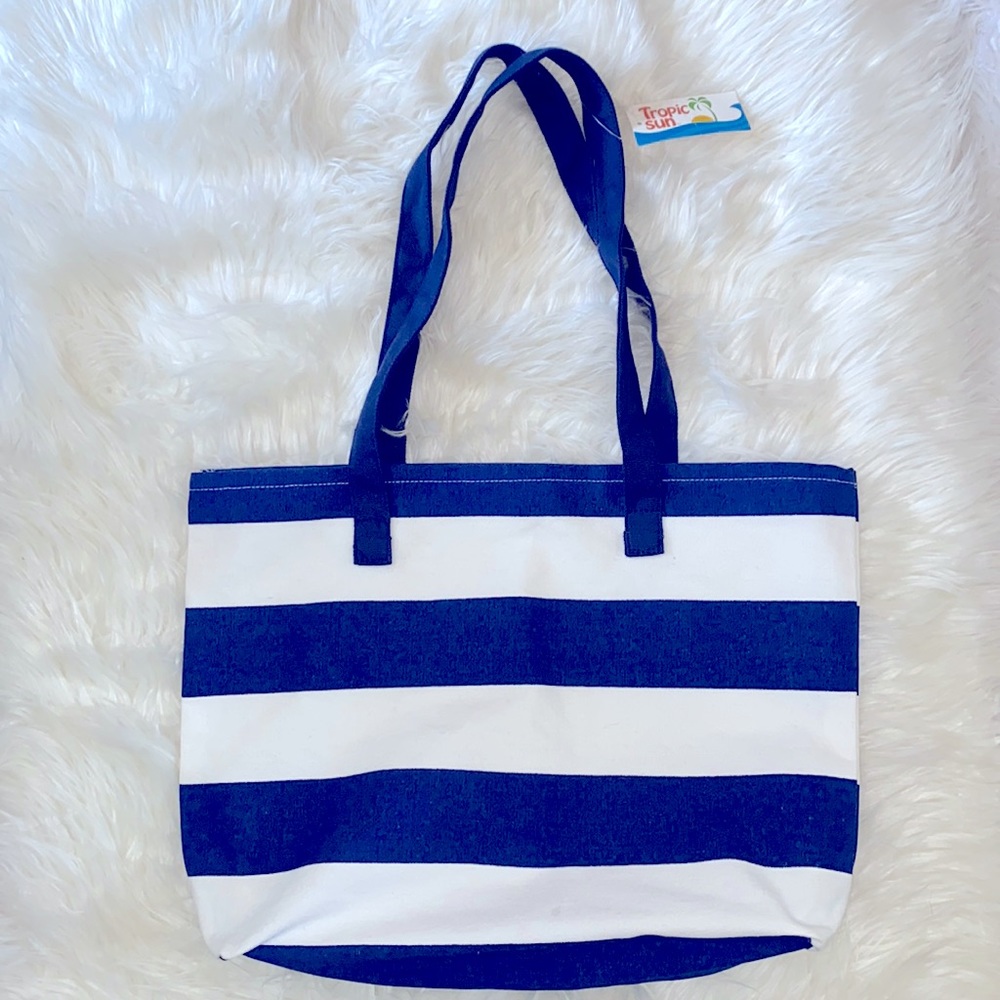 Tropic Sun Blue and White Stripe Print Tote Bag